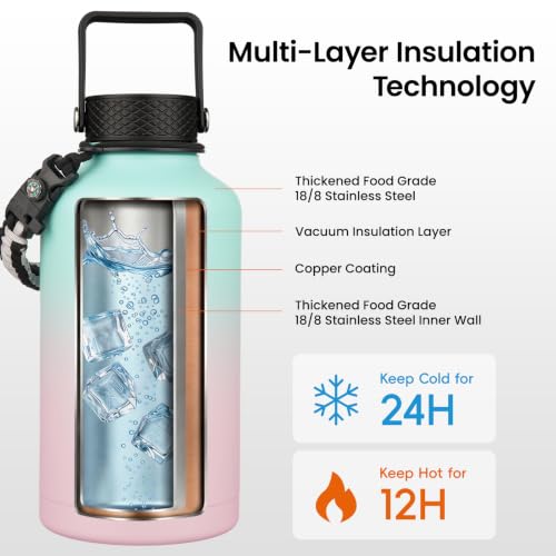 Image of Konokyo Insulated Water Bottle with Straw,50 oz 3 Lids Water Jug with Carrying Bag,Paracord Handle,Double Wall Vacuum Stainless Steel Metal Flask,Gum