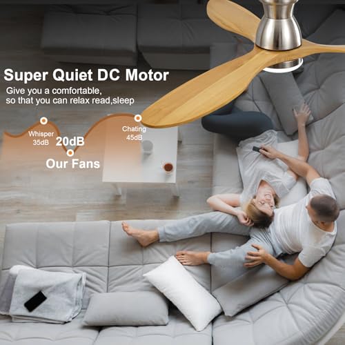 Image of Dimmable 52 Inch Flush Mount Ceiling Fans with Lights and Remote, 3 Blade Wood Bedroom Ceiling Fan with Lights Low Profile Ceiling Fan with Light Brushed Nickel Outdoor Ceiling Fans for Patios