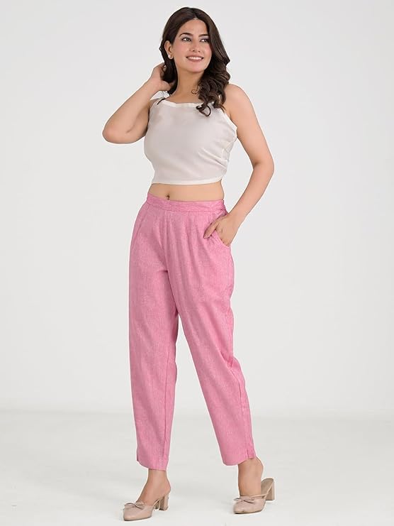 Image of Women's Solid Straight Fit Cotton Trousers | Slim Fit | Trousers for Women | Casual & Office Wear Bottom for Daily