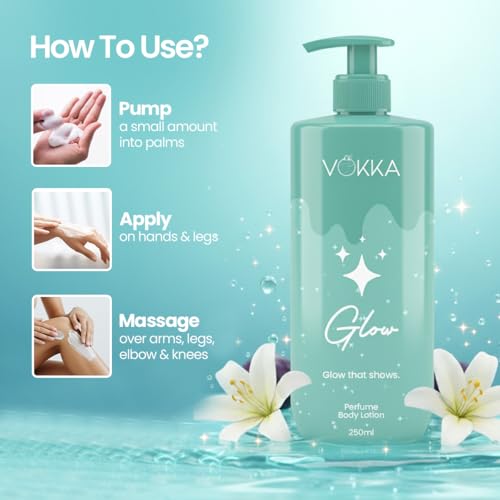 Image of VOKKA Glow Perfume Body Lotion 250ml | Bright Fruity Floral Fragrance | Passionfruit Peach Blossom Jasmine Notes | Aloe Vera Shea Butter & Cocoa Butter Moisturizing Lotion | BodyLotion for Men & Women