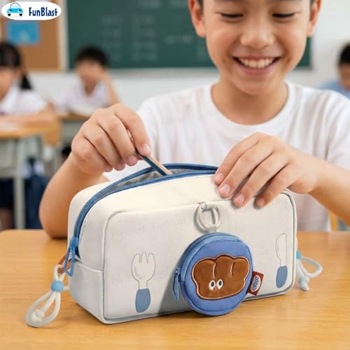 Image of FunBlast Pencil Pouch for Girls - Cartoon Pouch with Hanging Strap & Coin Pouch, Multipurpose Zipper Case, Aesthetic Pouches for Girl, Kawaii Pencil Case, Cute Pouches for Girls (White)