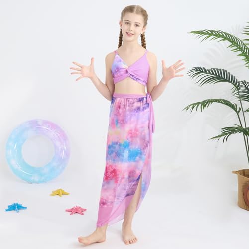 Teen Girls Swimsuit 3 Pieces Bikini Set Bathing Suit Twist Cross Tropical Floral Kids Swimwear with Cover Up 9-16T2