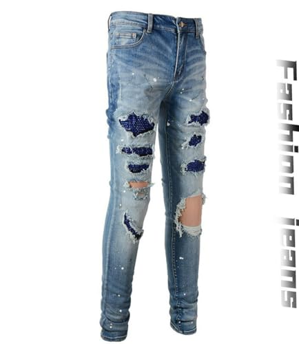 Jeans Pants Trousers Denim Men Stretch Slim Fit Street Trendy Piercing Worn Hole Hairy Retro Set Zircon Shining Casual Small Leg(Blue,29)2