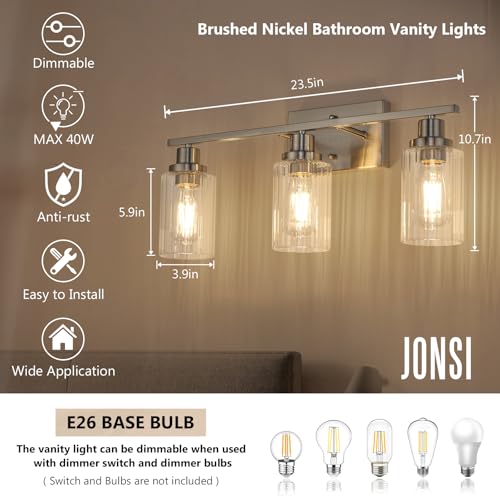 Image of Jonsi 3 Light Brushed Nickel Bathroom Vanity Lights with Fluted Glass Shade, Modern Nickel Bathroom Lights Over Mirror