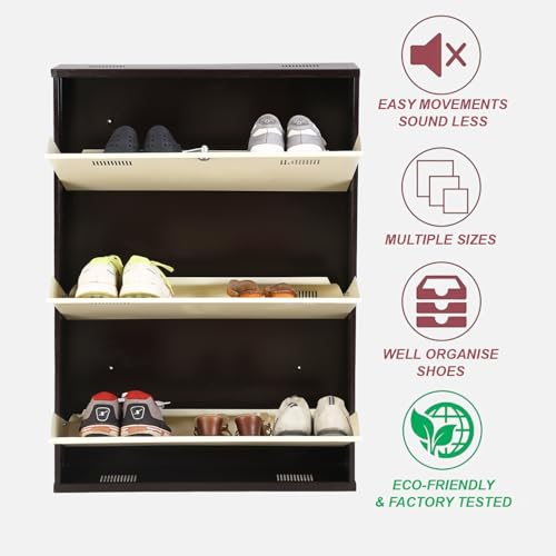 Image of Metal Shoe Rack Wall Mounted for Home with Central Locking 3 Door 28 inch Wall Mounted Metal 9 Pair Shoe Rack Cabinet Pre-Assembled Rack Shelves|3 Year Warranty (Brown & Ivory)