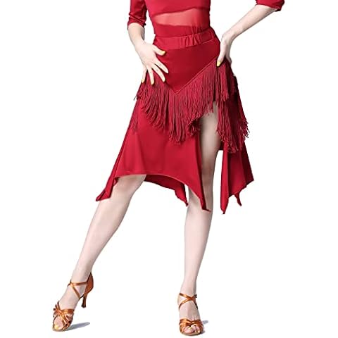 ELLYDOOR Latin Salsa Dance Skirts for Women Fringe Split Ballroom Skirts for Performance Practice Dancewear, Wine Red, X-Large Cover