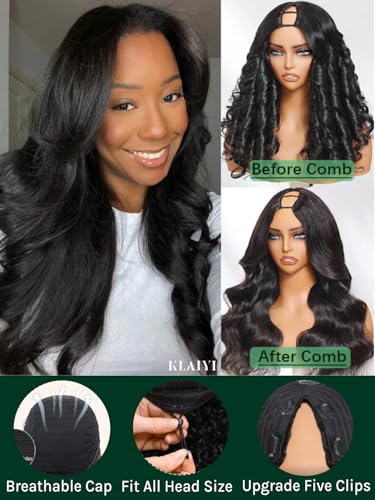 Image of KLAIYI EasiContour V Part Wig Human Hair Body Wave Glueless Upgrade U Part Wig No Leave Out No Gel Clip in Half Wig V Shape Pull and Go Beginner Friendly Ready to Wear Natural Black Color 150% 26Inch