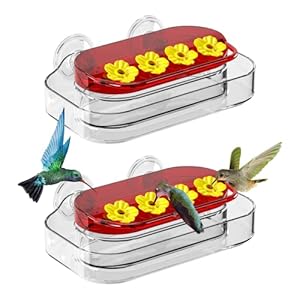 2 Pack Window Hummingbird Feeder, Strong Suction Cup Hummingbird Feeder with 4 Feeding Ports, Easy to Clean and Refill Plastic Humming Bird Feeder, 10oz