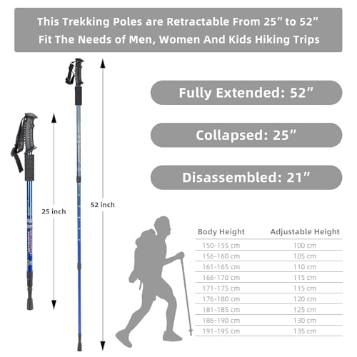 Image of Trekking Poles, Collapsible Lightweight Shock-Absorbent Hiking Walking Sticks Adjustable Aluminum Hiking Poles for Women Men Kids (Blue)