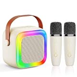 SECULEAD Mini Karaoke Machine for Kids Teen Adults, Kids Karaoke Machine with 2 Wireless Microphones and LED Lights Toys for Party, Home, Gifts for 4 5 6 7 8 9 10 11 12+ Years Girls Boys(Beige)