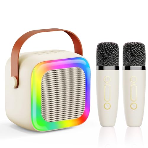 Image of Mini Karaoke Machine for Kids Teen Adults, Kids Karaoke Machine with 2 Wireless Microphones and LED Lights Toys for Party, Home, Gifts for 4 5 6 7 8 9 10 11 12+ Years Girls Boys(Beige)