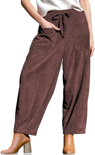 TARSE Women’s Corduroy Wide Leg Pants High Waist Drawstring Trousers with Pockets Casual Loose Fit Fall Winter Lounge Bottoms DarkCoffee, S