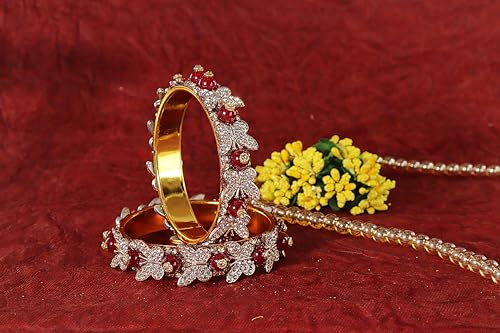 Image of LAVAZZA Stylish Butterfly Design Golden Metal with Zircon Diamond & Pearls Moti Bangles Kada For Women & Girls | Traditional Girl's Bangles Bracelet | Women's Kangan Wedding, Party-Set of 2