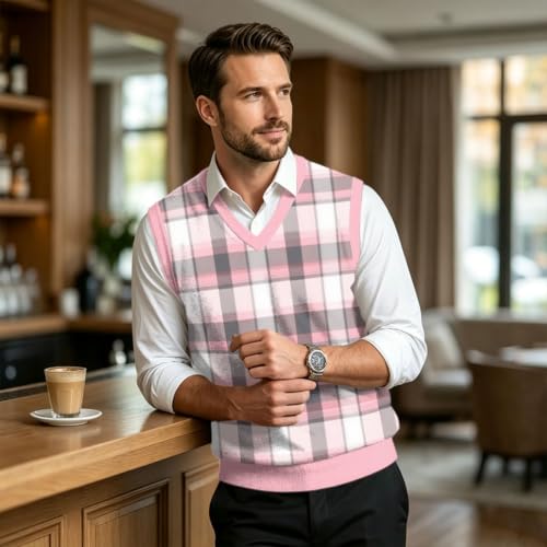 Christmas Sweater Vest Men V Neck Plaid Knit Lightweight Pullover Sweater - image 4