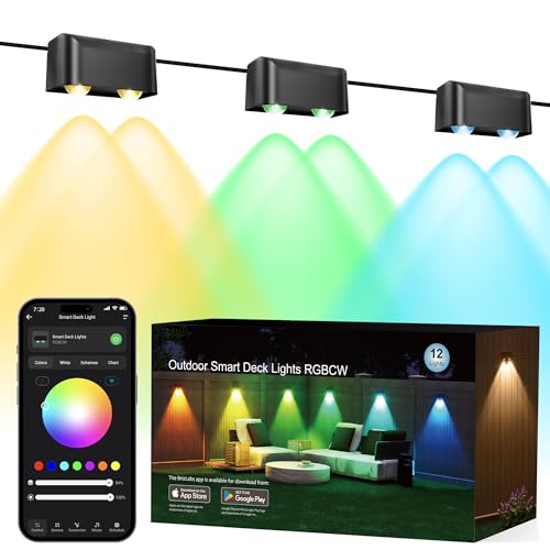Image of Brizled Smart RGBCW Fence Lights Outdoor, 12 Pack Wired Color Changing Deck Lights APP Controlled Compatible with Alexa & Google Home, Music Sync Fence Lighting for Garden Backyard Yard, 72.18ft