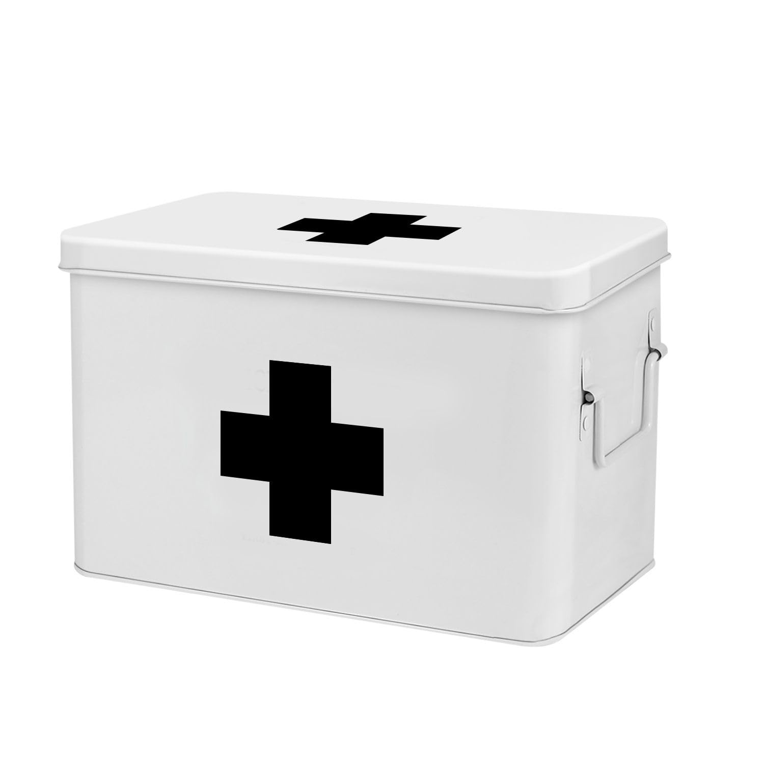 Flexzion First Aid Box Empty 13 Inch Metal Medicine Box, Large First Aid Organizer Tin Storage Box with Removable Tray, Dividers, Side Handles, Vintage Medical Supply Container (White w/Black Cross)