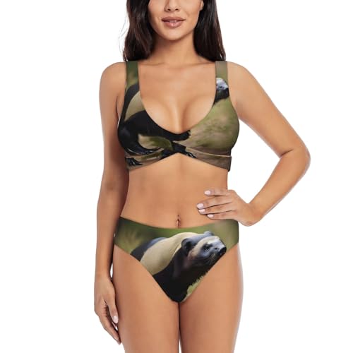 Maillot de bain gainant imprimé blaireau miel, bikini 2 pièces sculptant