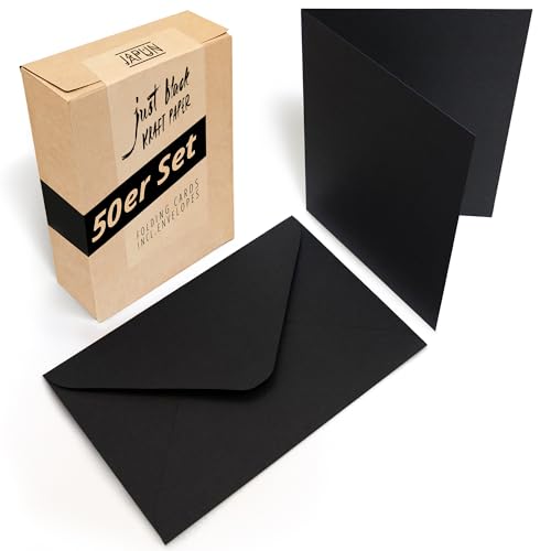 Japun - 50er Set blanko Falt-Karten inkl. Briefumschläge, Klapp-Karten zum gestalten, beschriften oder bedrucken - DIN A6 / C6 - schwarz Japun - 50er Set blanko Falt-Karten inkl. Briefumschläge, Klapp-Karten zum gestalten, beschriften oder bedrucken - DIN A6 / C6 - schwarz