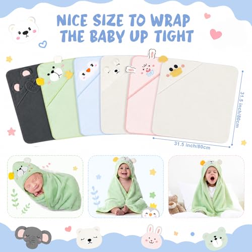 Image of SmoothNovelty 6 Pack Baby Hooded Towels Infants and Toddlers Coral Fleece Baby Bath Towels 31.5 x 31.5 Inch Absorbent Cute Soft Newborn Bath Essentials Gifts for Boys & Girls(Multicolor,Chic)