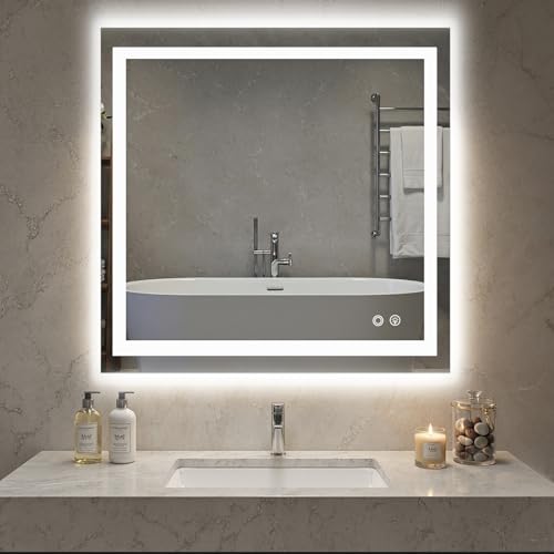 NEWBULIG 36x36 Smart Anti-Fog LED Bathroom Mirror with Front Light & Backlit 3 Color Modes Dimmable Memory Function Wall-Mounted Modern Rectangular Vanity Mirror White