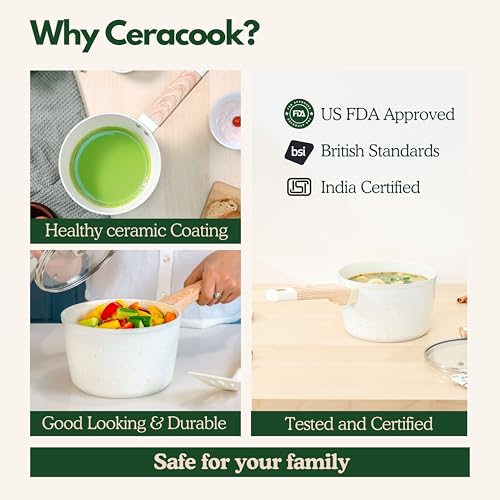 Image of Kreme Ceracook Ceramic Coated Granite Sauce Pan 1.8L /24cm with Glass Lid, ISI Certified Sauce Pot, Forged Aluminium, Gas & Induction Use, Non Toxic Tea, Chai PFAS & PTFE Free, 1 Yr Warranty, Ivory