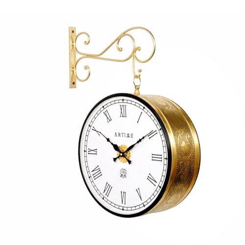 Image of Handcrafted Double Side Metal Analog Vintage Wall Clock | 1.5 Year Machine Warranty | 12 INCHES | 1 Side Number 1 Side Roman,Color L-Golden