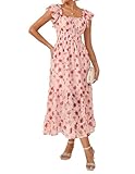 GRACE KARIN Women's Floral Summer Dress, Elegant Ruffle Sleeves Wedding Guest Dress, Elastic Waist A Line Midi Dresses L Pink and Red