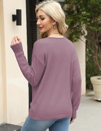 Image of Zeagoo Womens Sweaters Fall Trendy Casual Long Sleeve Shirt Lightweight V Neck Off Shoulder Crochet Pullover Top Outfit