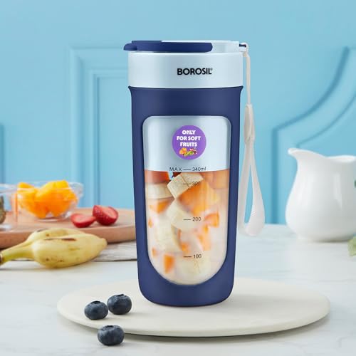 Image of Borosil NutriSip Blue Portable Blender | 40W Low-Noise DC Motor | 340ml Unbreakable PC Jar | USB Rechargeable | Turbo 6 Blade Action | Smoothies, Shakes, Soft Fruit, Protein Mix | 1 Year Warranty