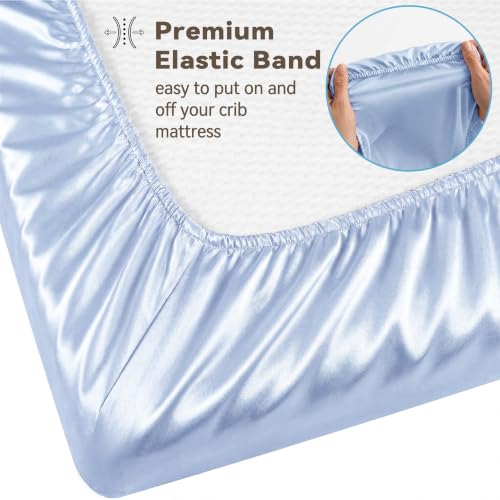 Image of Satin Crib Sheet for Baby Hair Care - Oeko-TEX Certified Silky Soft Fitted Mattress Cover 28x52 - Breathable & Gentle on Skin, Snug Fit for Standard Crib (Light Blue)
