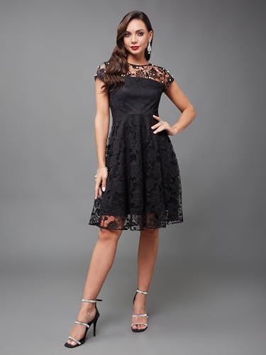 Image of Miss Chase Women's Round Neck Sleeveless Polyester Ruffled Knee- Length Dress