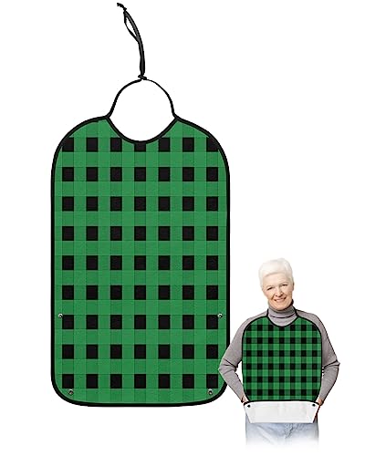 St. Patrick's Day Adult Bibs for Eating, Waterproof Bibs with Food Catcher & Adjustable Snap Closure, Green and Black Buffalo Plaid Washable Clothing Protectors Adult Bibs for Elderly Women/Men
