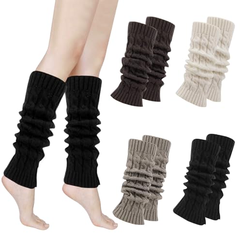 Lot de 4 Jambières Tricotées pour Femme et Fille,Guêtres Longues en Laine Tricotée pour Danse,Tricotées Guêtres de Jambe Leg Warmer,Jambières Longues en...