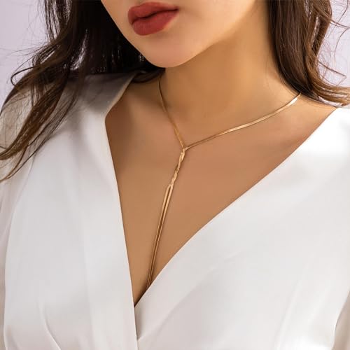 IFKM Long Gold Necklace for Women Dainty Lariat Gold Necklaces 14k Gold Plated Twist Snake Chain Y Necklace Simple Charm Trendy Jewelry Women Girls Gifts4
