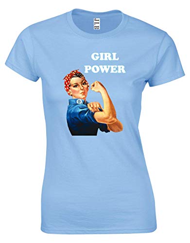 JLB Print Girl Power Nouveaute Cool T-Shirt Ajuste Qualite Superieure pour Femmes et Adolescents - Bleu Clair/Grand