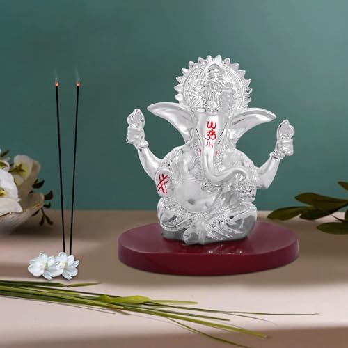Image of DIVINITI 999 Silver Plated 4 Hand Ganesha Idol for Car Dashboard & Home Decor | Ganpati Murti for Puja Room, Office & Vehicle | Spiritual Showpiece for Wealth, Success & Protection (6X7.5 Cm)