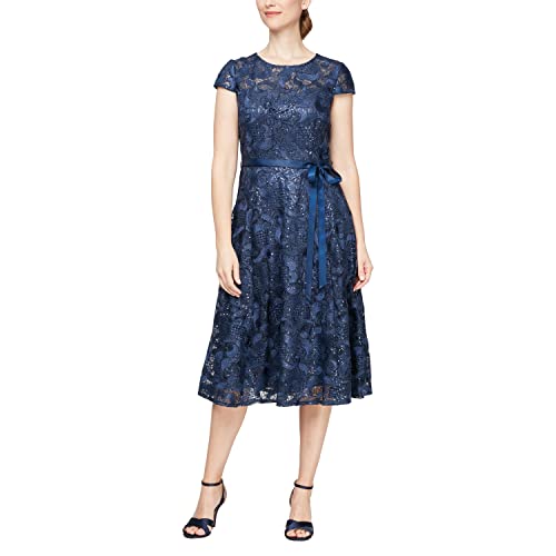 Image of Alex Evenings Women's Tea Length Dress with Rosette Detail (Petite and Regular)