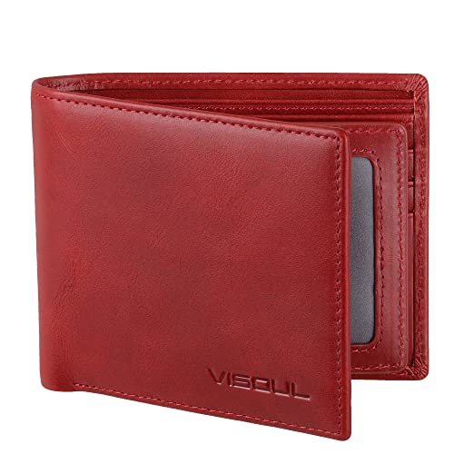 VISOUL Leather Mens Bifold RFID Blocking Wallet with 2 ID Windows, Leather Wallet for Men (Leather, Burgundy)