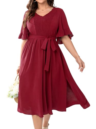 Image of SCOMCHIC Women's Plus Size Wedding Guest Dress Smocked V Neck Short Ruffle Sleeve Split Flowy Summer Cocktail Dresses