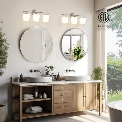 19 Inches Brushed Nickel Vanity Light for Bathroom 3 Light Bathroom Light Fixtures over Mirror Milk Glass Makeup Shower Lamp Farmhouse Wall Sconce Modern Desk Vintage Rustic Bath Sink Lighting by NEDYZOG - Used condition - Image 2