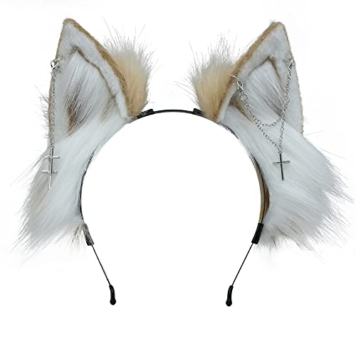 VIGVAN Animal Ear Headband Fox Cat Ears Chain Punk Cross (Black, One Size, Metal, Hand Wash Only, Costume Headband, All Ages, Black)