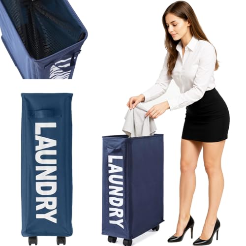 BAKAJI Cesto Porta Biancheria Sporca Portabiancheria Slim Salvaspazio Pieghevole in Tessuto Decorazione Scritta Contenitore con Chiusra a Rete Manico e 4 Ruote Dimensione 39 x 20 x 56 cm (blu)