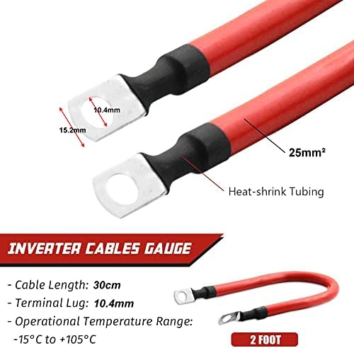 Gebildet 30cm Battery Inverter Cable 12V-24V 25mm² 3AWG (Max 125A) Battery Cable Red and Black Auto Battery Leads with Ring Terminals Copper Flexible Wire for Truck, Motorcycle, Solar, RV, Marine