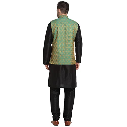 Image of KRAFT INDIA Mens Gold Silk Blend Kurta and Churidar Set With Jacquard Paisley Nehru Jacket