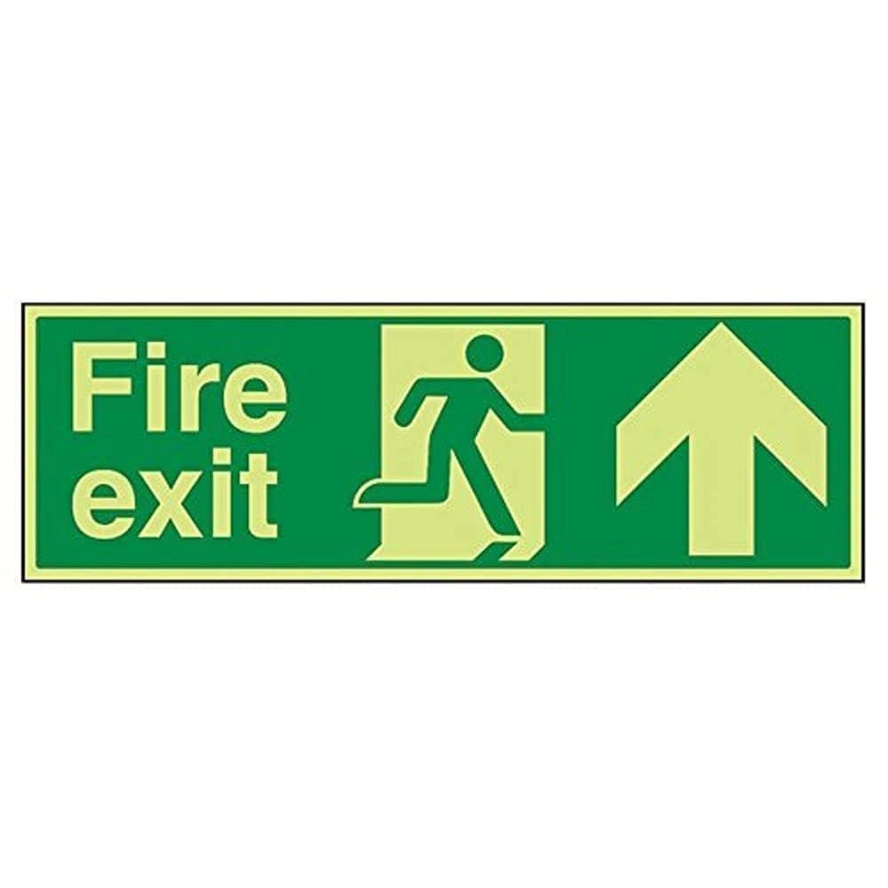 V Safety Glow In The Dark Fire Exit Arrow Up Sign - 600mm x 200mm - Rigid Plastic