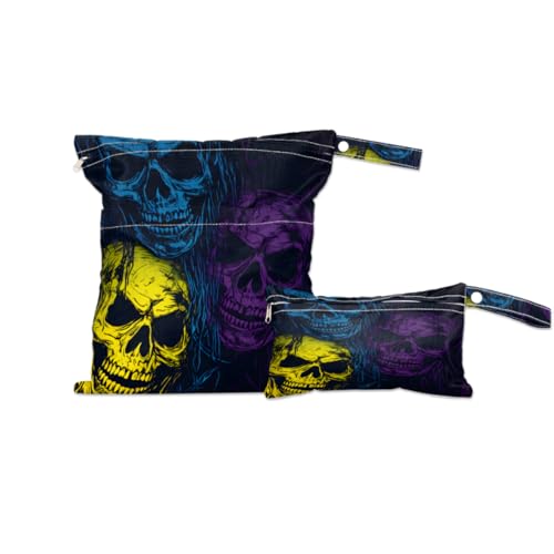 2 Pack Wet Bags for Swimsuits, Neon Skull Waterproof Washable Dirty Clothes Bag Wet Dry Bag with Zipper Pocket Wet Clothes Bag Bathing Suit Workout Bag Wet Swimsuit Bag for Travel Beach