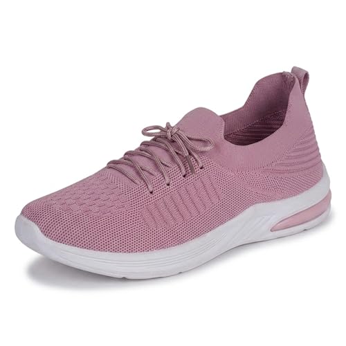 Image of Women's Lightweight Knit Sneakers, Pink, Lace-Up Running, Gym and Walking Casual Sports Shoes