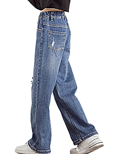 Kids Girls Elastic Waist Ripped Jeans Distressed Denim Pants Washed Wide Leg Straight Baggy Trousers2