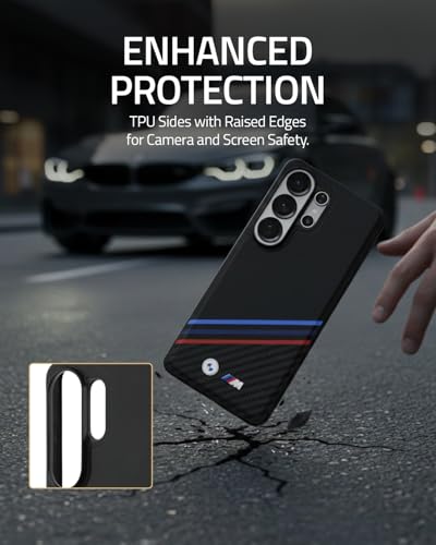 Image of CG MOBILE BMW [Official Licensed], Protective Case Designed for Galaxy S26 Ultra (2026)| Magnetic System PU Leather Texturized Case Tricolor Crossing Stripes & Metal Logos - Black