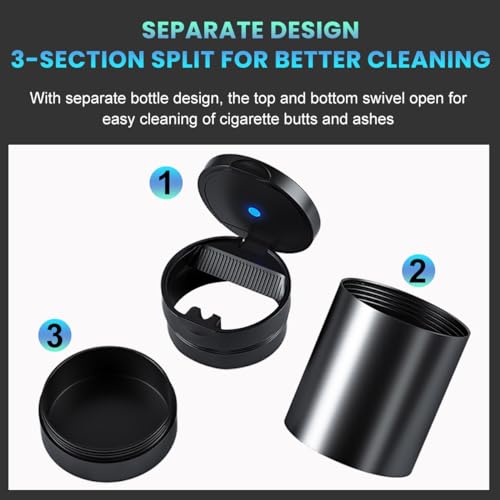 Image of Augeny Car Ashtray with Lid, Zinc Alloy Detachable Auto Ashtray with Led Blue light, Mini Portable Ashtray Trash Can Fit for Most Vehicles, Universal Interior Car Accessories (Black)